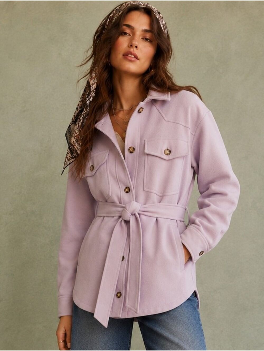 COFFEESHOP NY LAVENDER BELTED SHACKET WOOL FEEL JACKET MEDIUM SMALL NWOT
